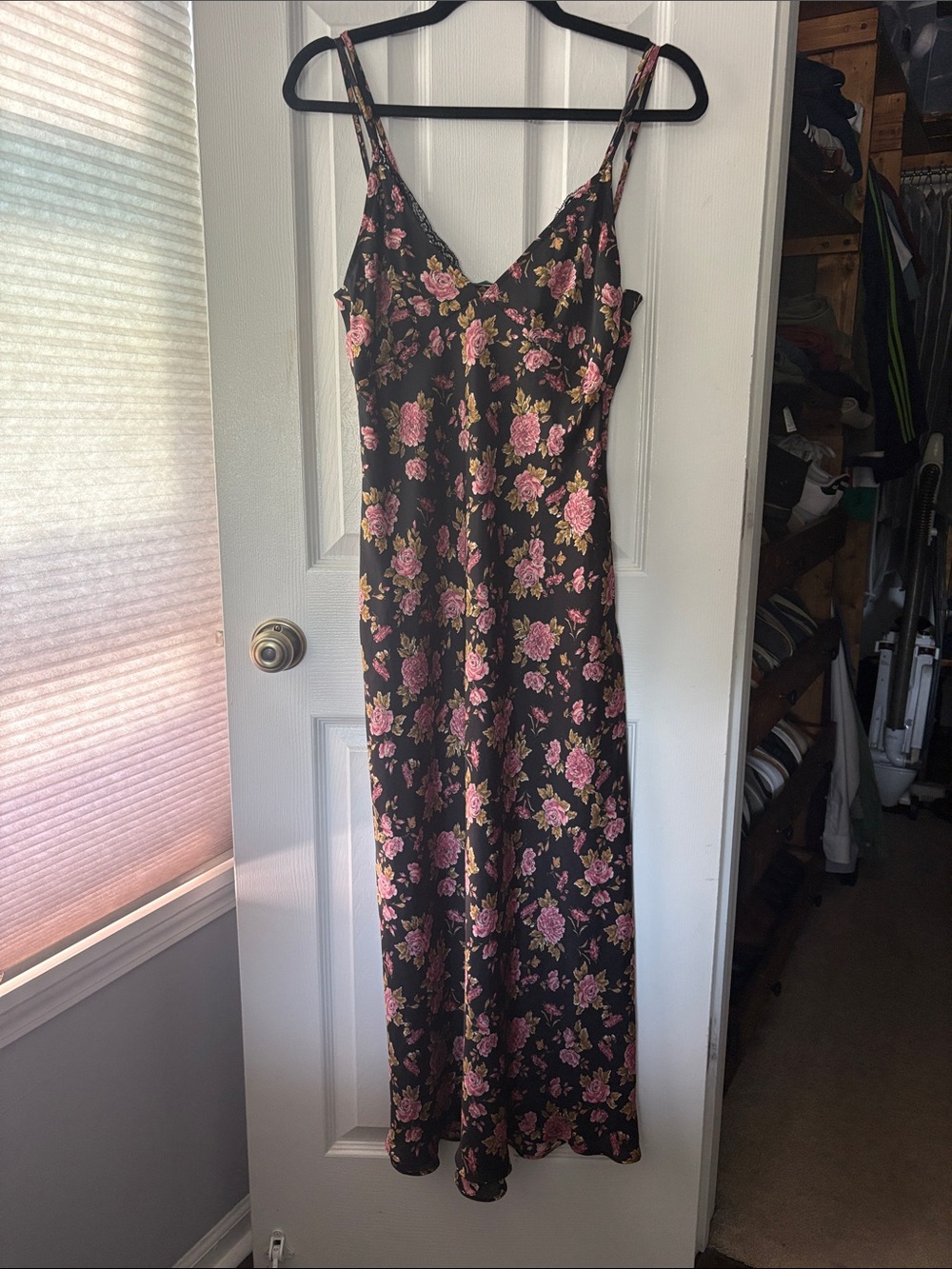 Zara Floral Slip Midi Dress in Black with Pink Roses